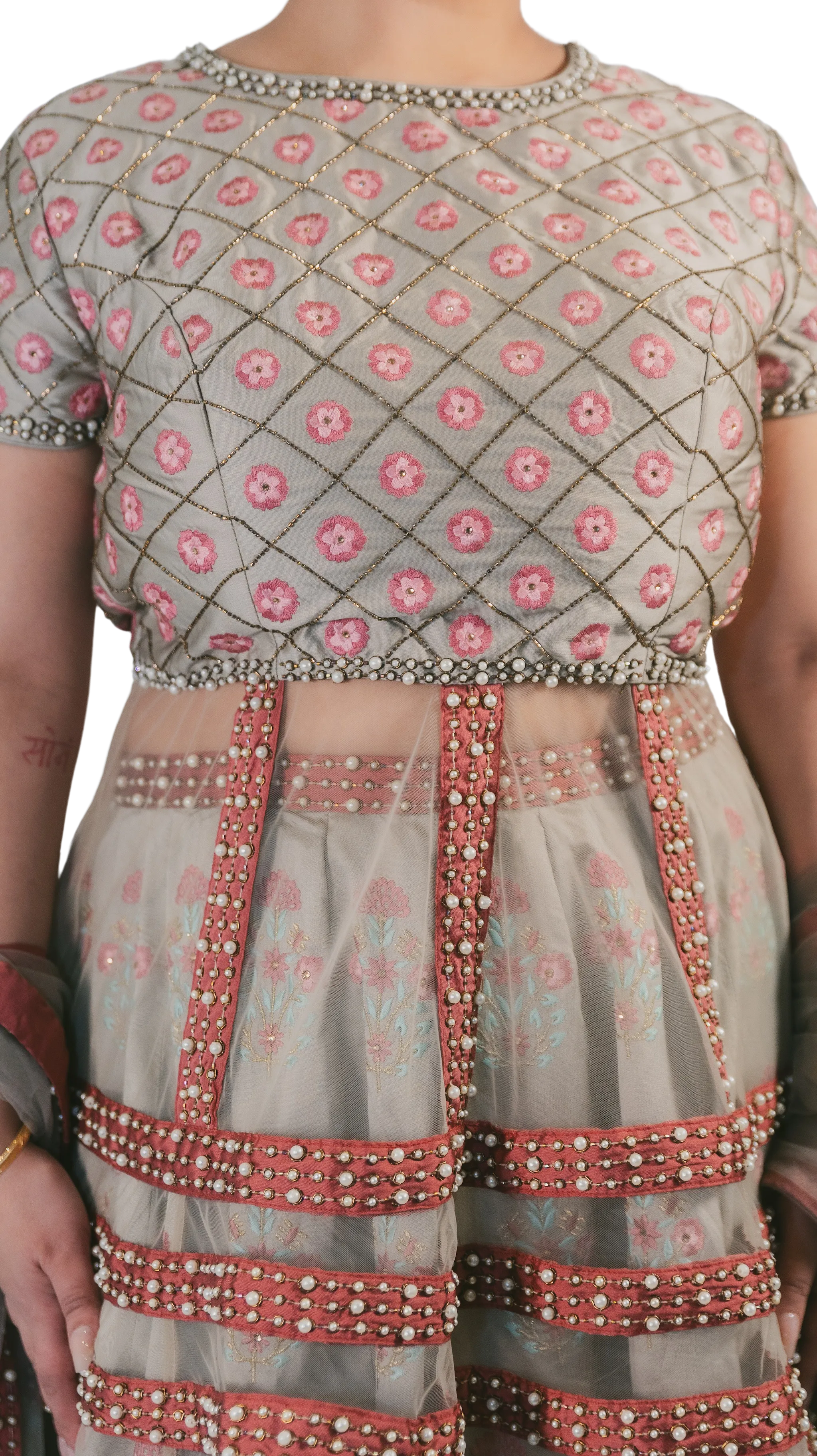 Grey Embroidered Peplum Top Lehenga Set