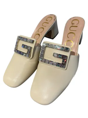 Gucci Rhinestone White Leather Mules