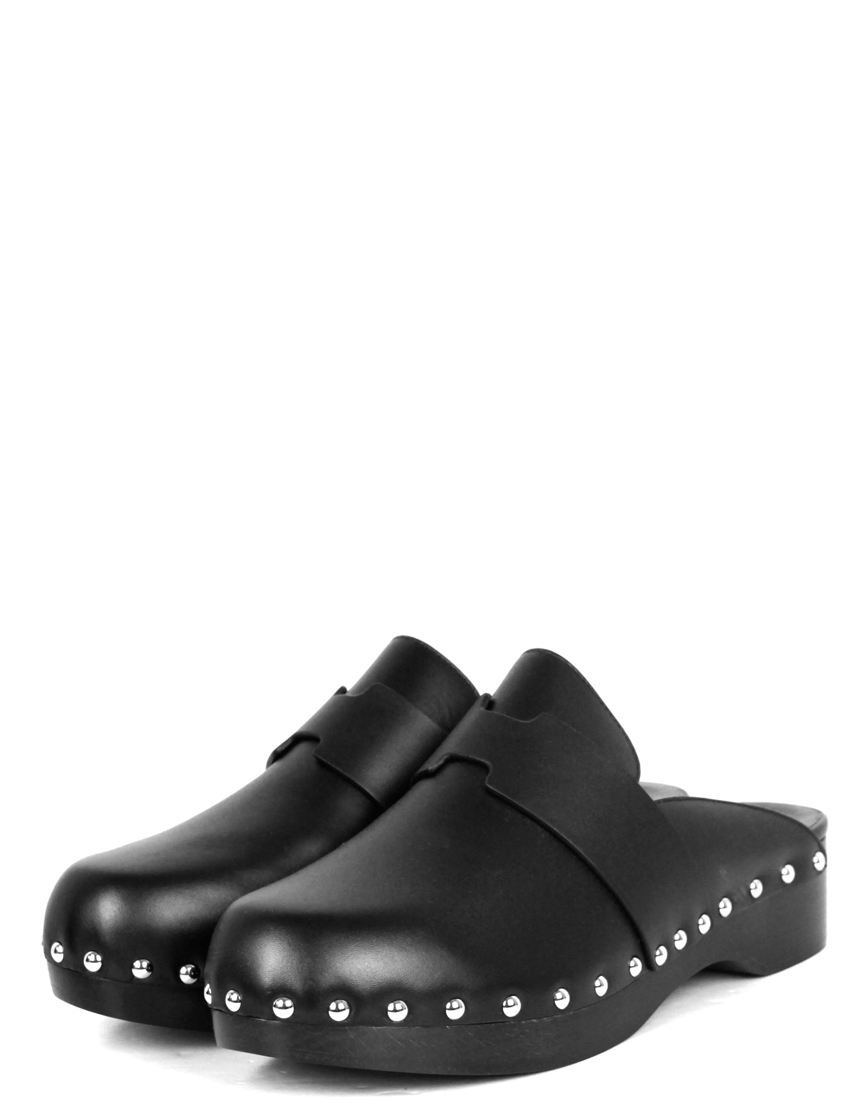 Hermes Black Studded Leather Calya Mule Clogs sz 38