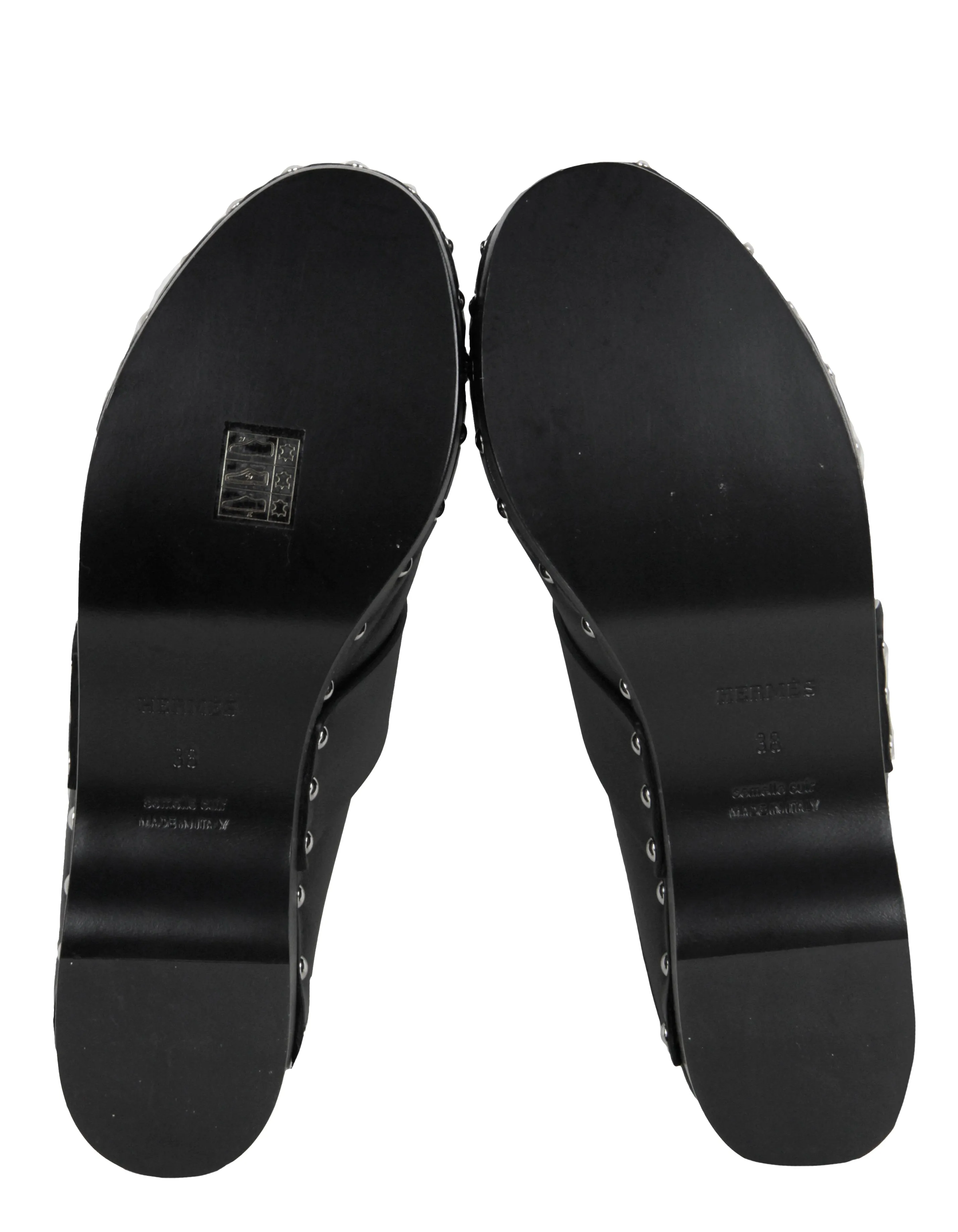 Hermes Black Studded Leather Calya Mule Clogs sz 38