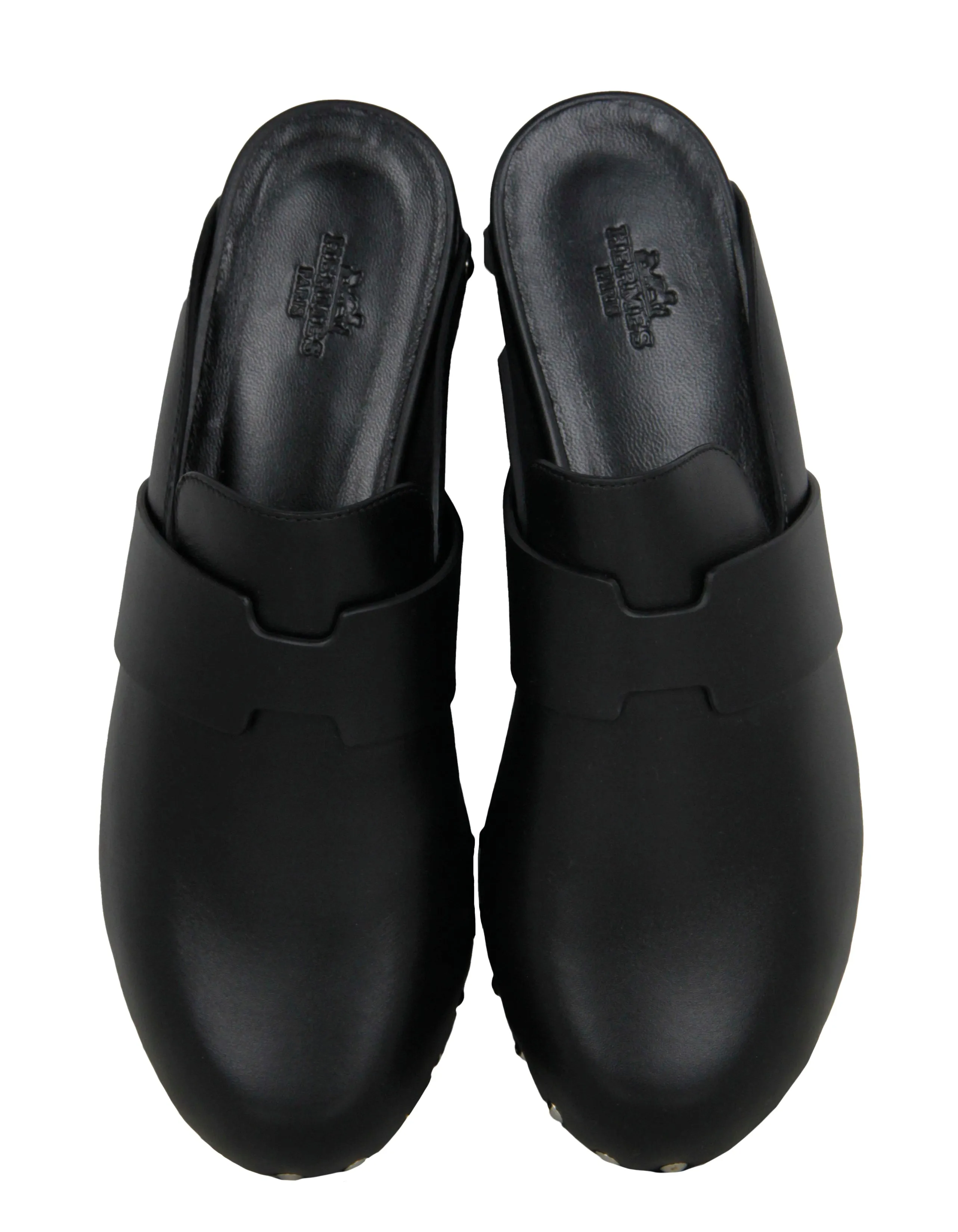 Hermes Black Studded Leather Calya Mule Clogs sz 38