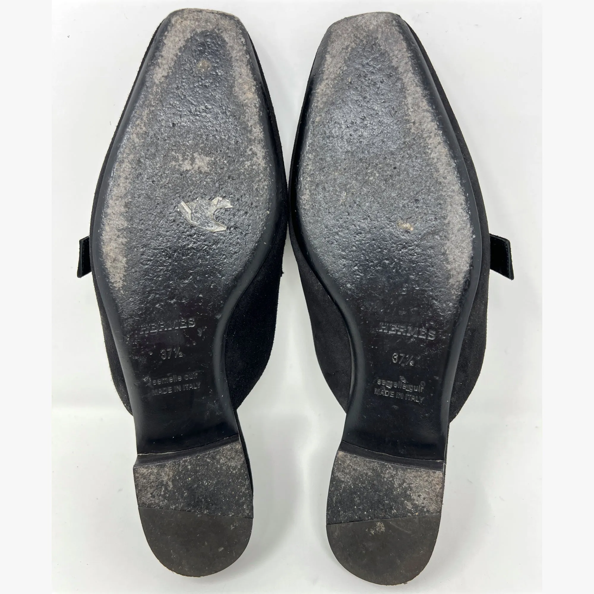 Hermes Black Suede Goat Leather Beauty Crystal "H" Logo Loafer Mules Flats Size EU 37.5