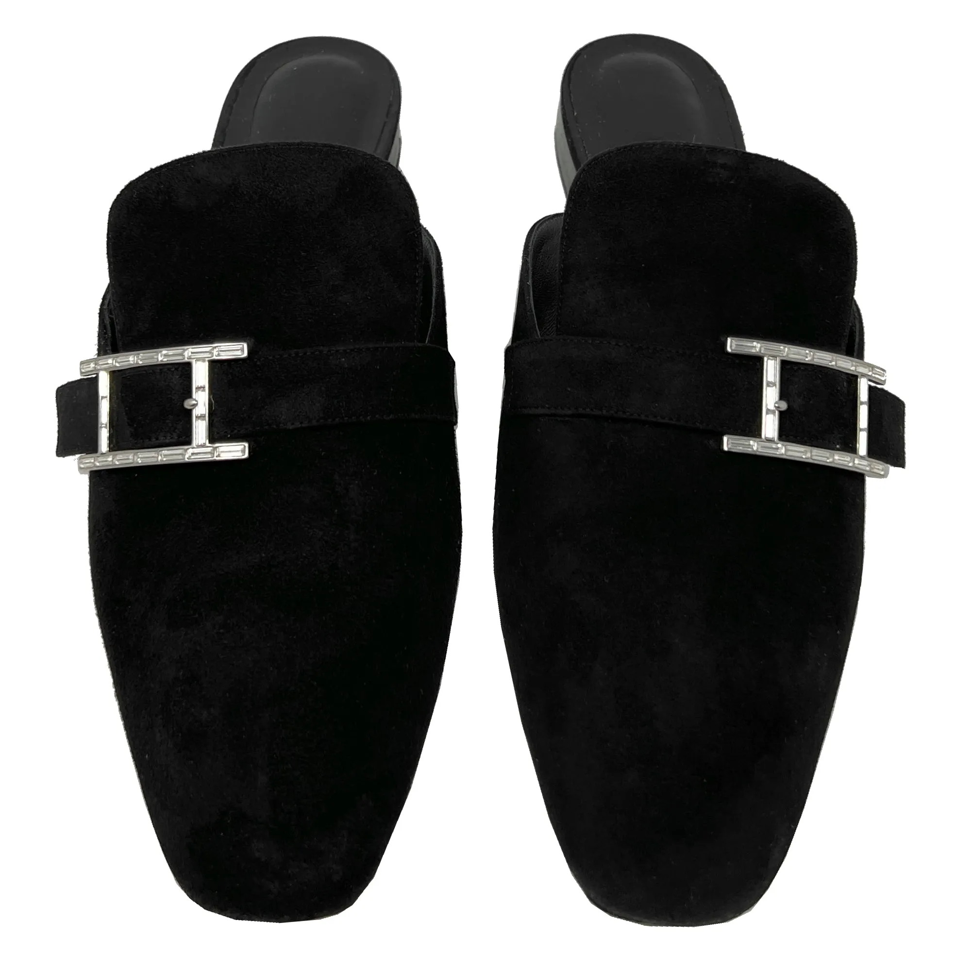 Hermes Black Suede Goat Leather Beauty Crystal "H" Logo Loafer Mules Flats Size EU 37.5