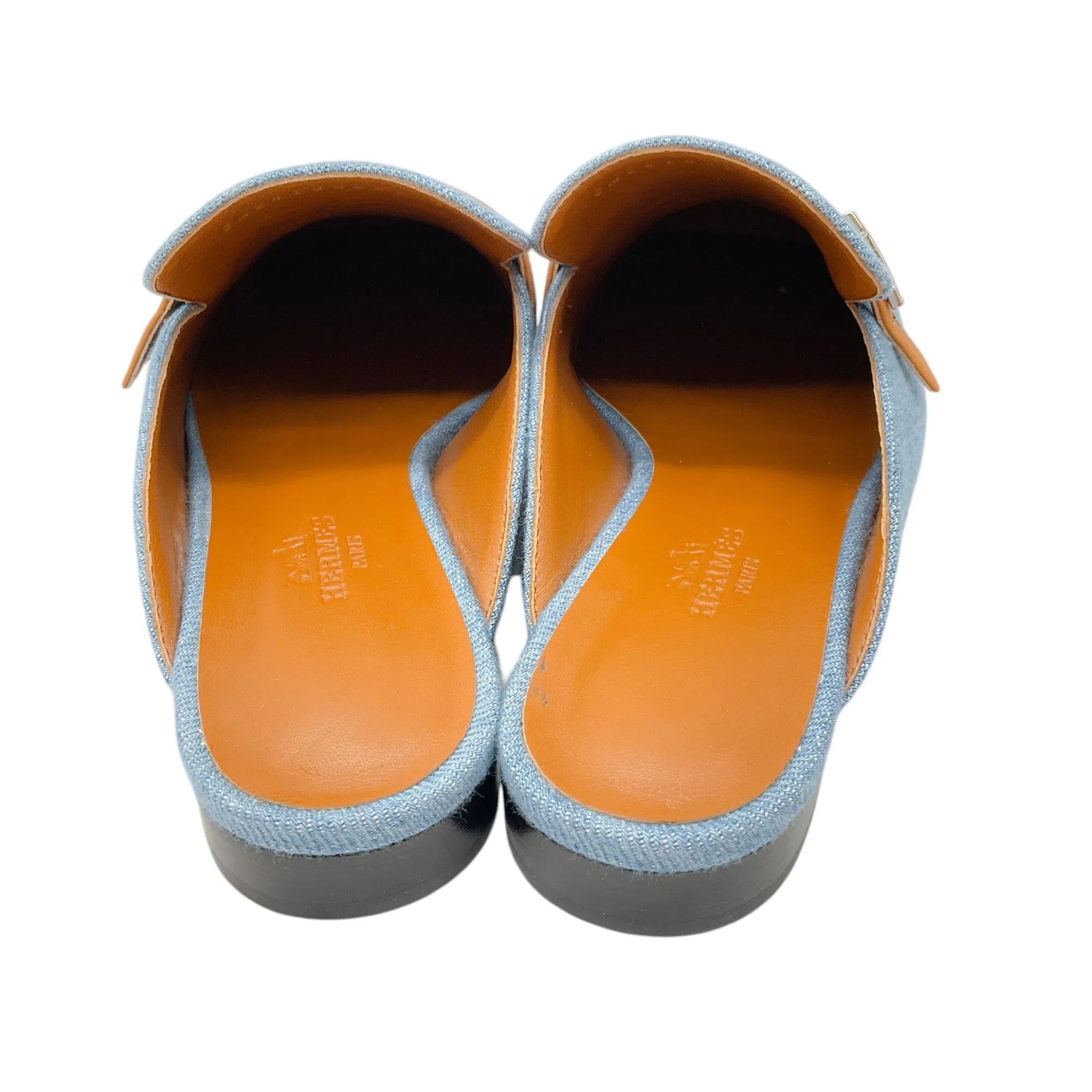 Hermes Blue / Tan Leather Trimmed Denim Lena Mule