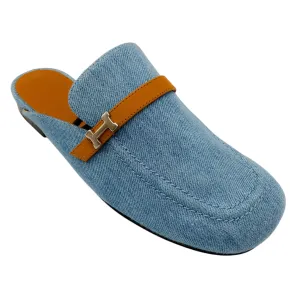 Hermes Blue / Tan Leather Trimmed Denim Lena Mule
