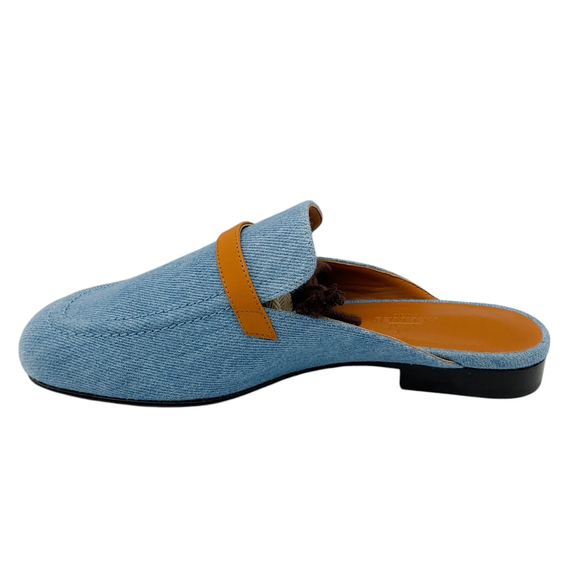 Hermes Blue / Tan Leather Trimmed Denim Lena Mule