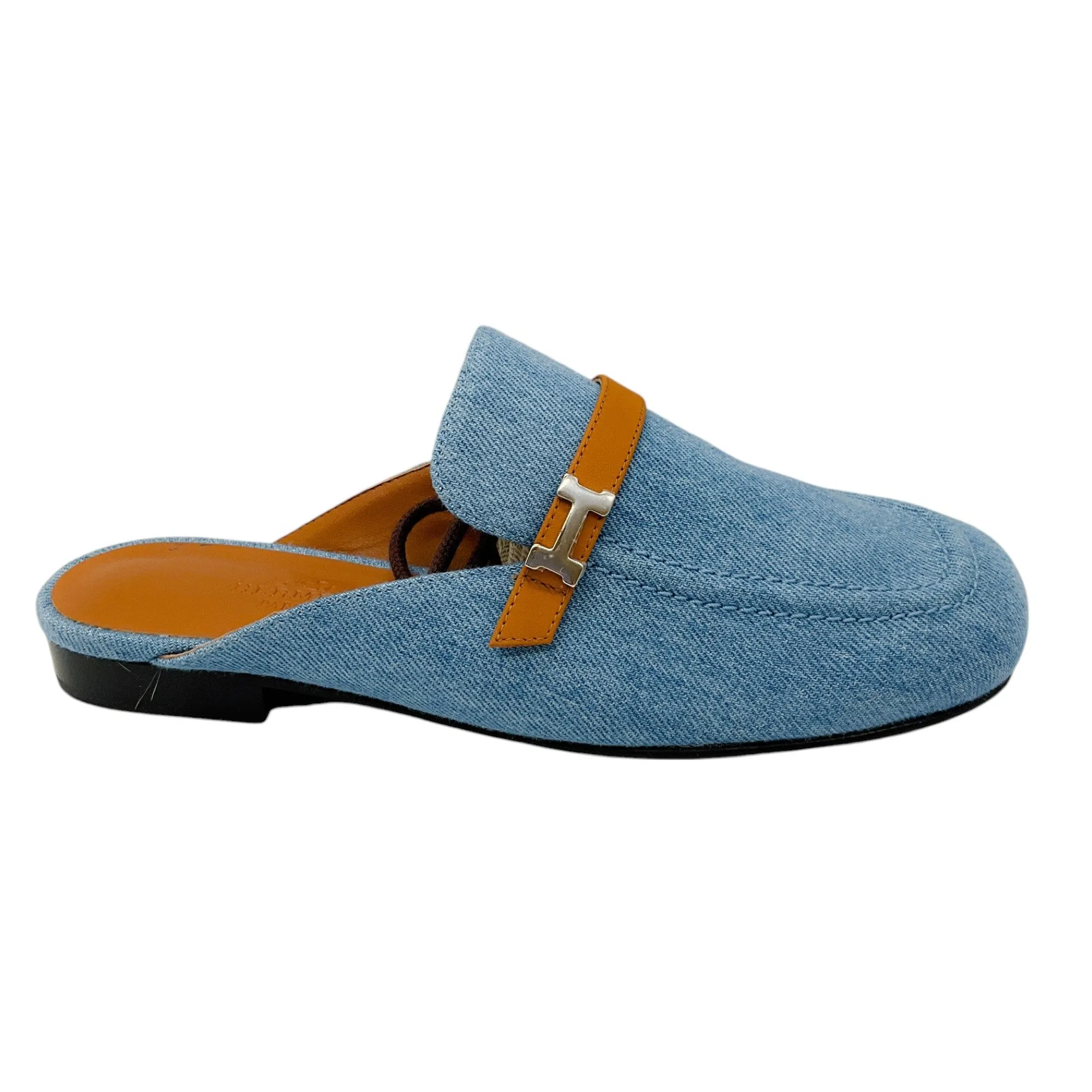 Hermes Blue / Tan Leather Trimmed Denim Lena Mule