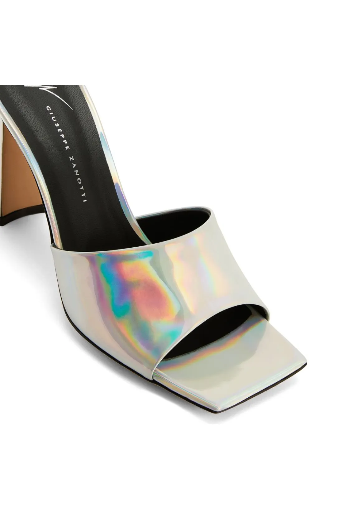Holographic Block Heel Mule Sandal | Silver