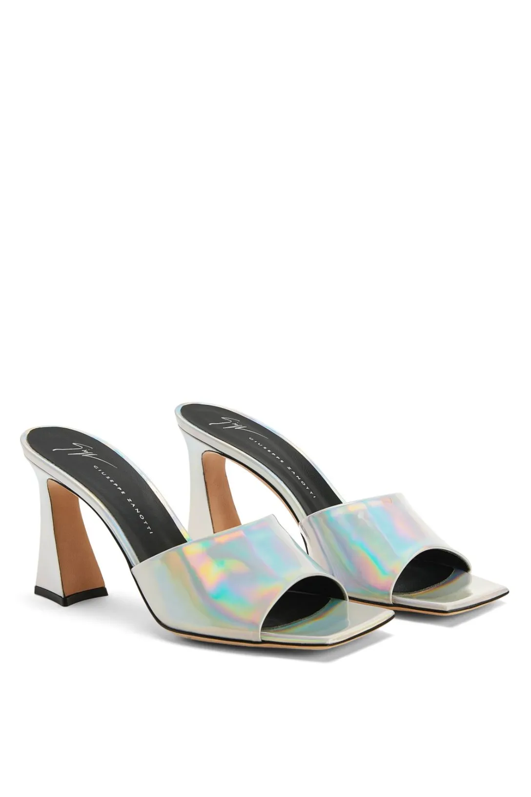 Holographic Block Heel Mule Sandal | Silver
