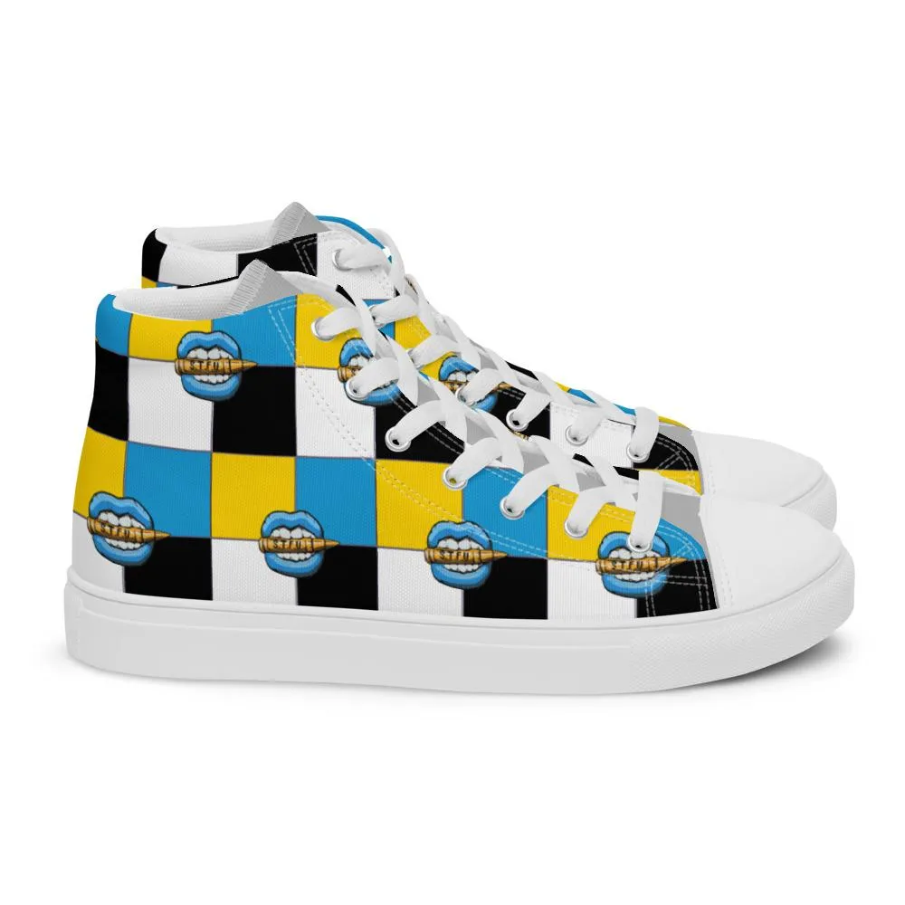 Ice Blue Logo Colorblock Women’s High Top Canvas Shoes - Yellow