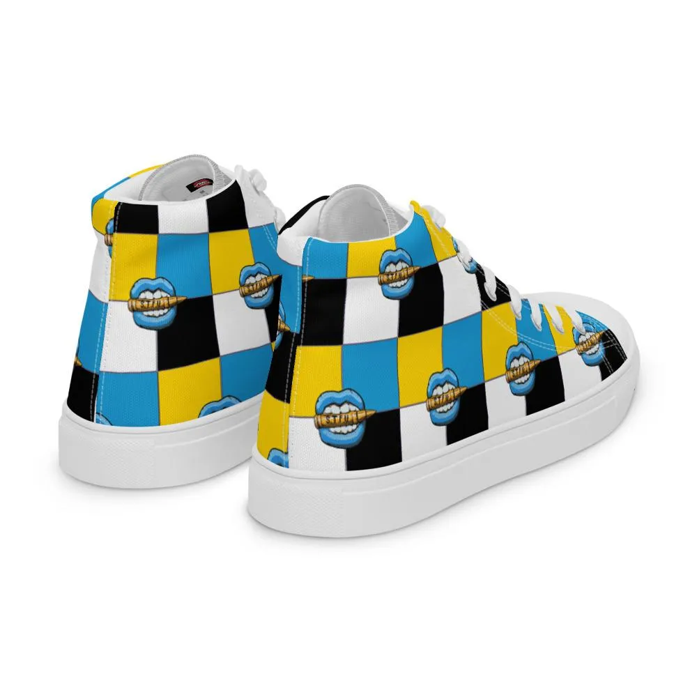 Ice Blue Logo Colorblock Women’s High Top Canvas Shoes - Yellow