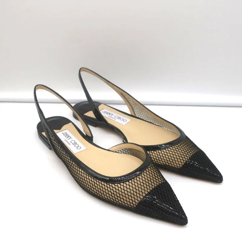 Jimmy Choo Fetto Slingback Flats Black Patent & Mesh Size 37.5 NEW