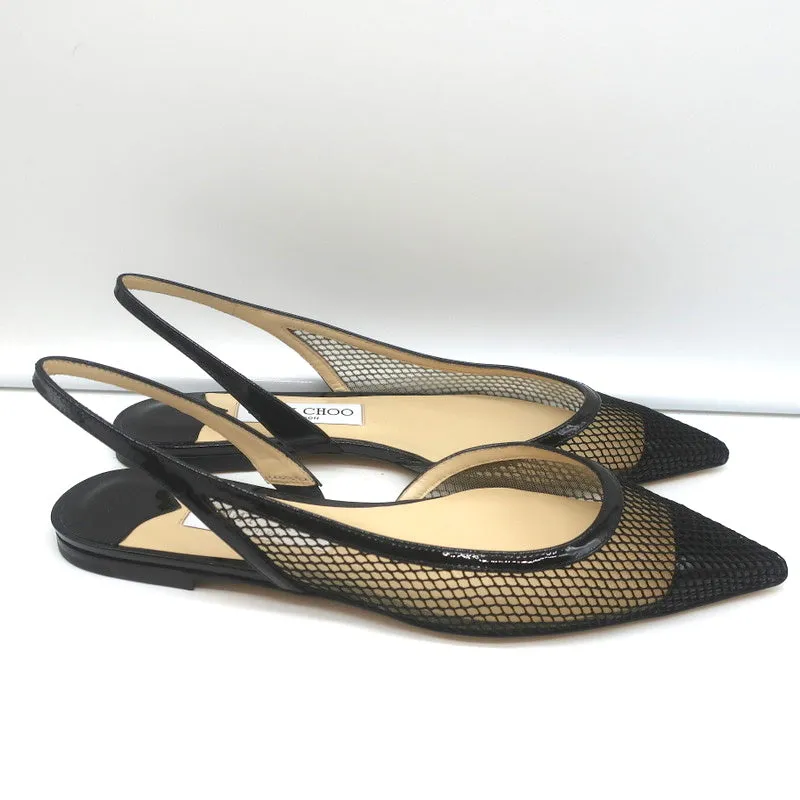 Jimmy Choo Fetto Slingback Flats Black Patent & Mesh Size 37.5 NEW