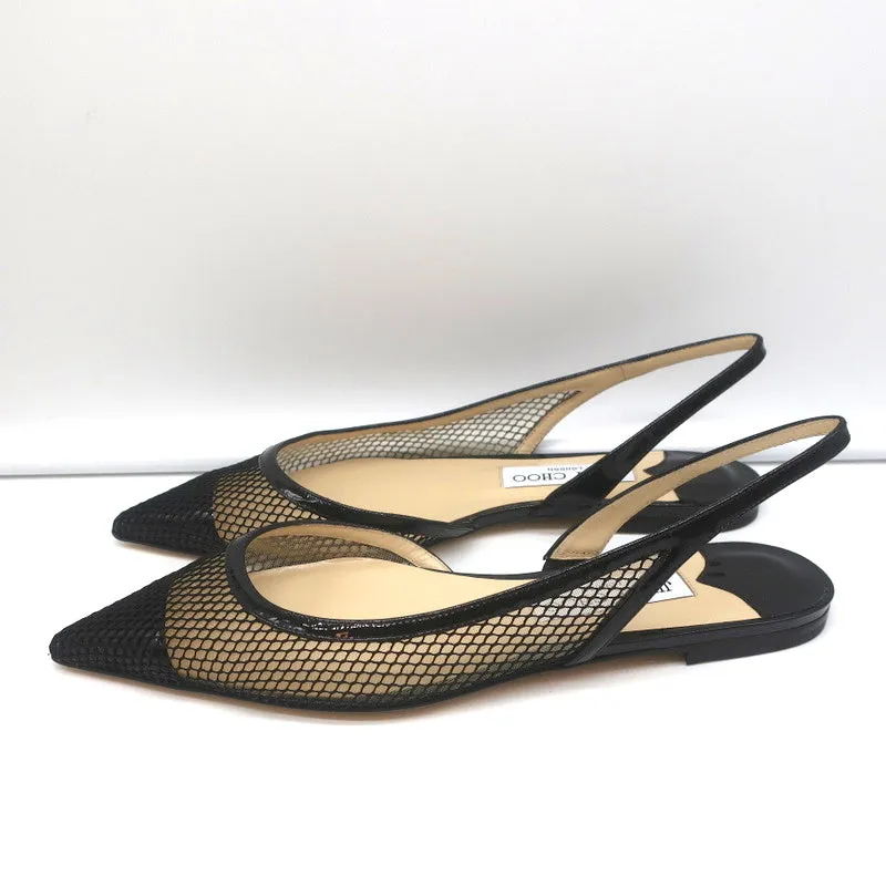 Jimmy Choo Fetto Slingback Flats Black Patent & Mesh Size 37.5 NEW