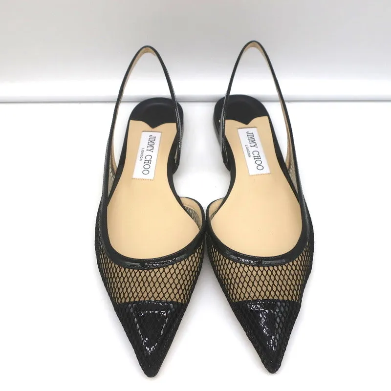 Jimmy Choo Fetto Slingback Flats Black Patent & Mesh Size 37.5 NEW