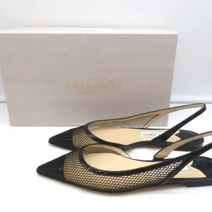 Jimmy Choo Fetto Slingback Flats Black Patent & Mesh Size 37.5 NEW