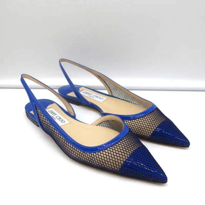 Jimmy Choo Fetto Slingback Flats Electric Blue Patent & Mesh Size 37.5 NEW