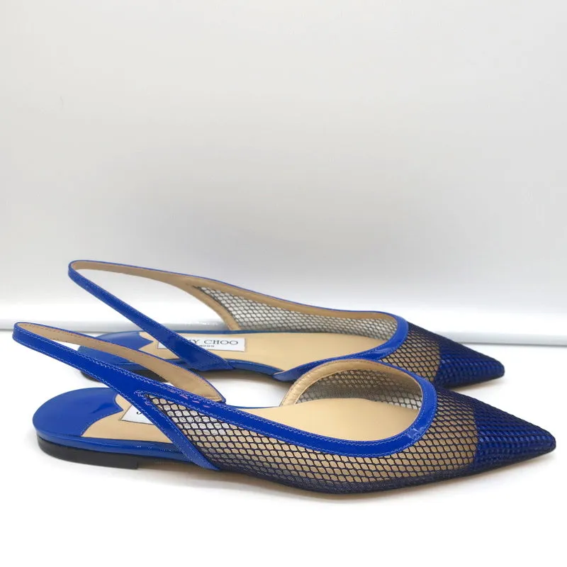 Jimmy Choo Fetto Slingback Flats Electric Blue Patent & Mesh Size 37.5 NEW