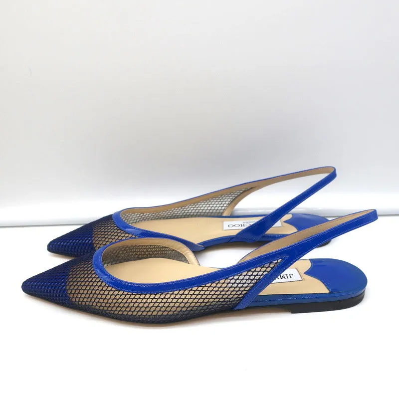 Jimmy Choo Fetto Slingback Flats Electric Blue Patent & Mesh Size 37.5 NEW