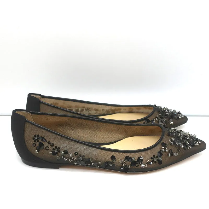 Jimmy Choo Romy Flats Black Embellished Mesh & Satin Size 37 NEW