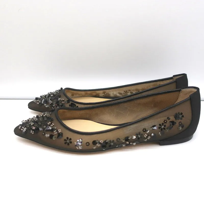 Jimmy Choo Romy Flats Black Embellished Mesh & Satin Size 37 NEW