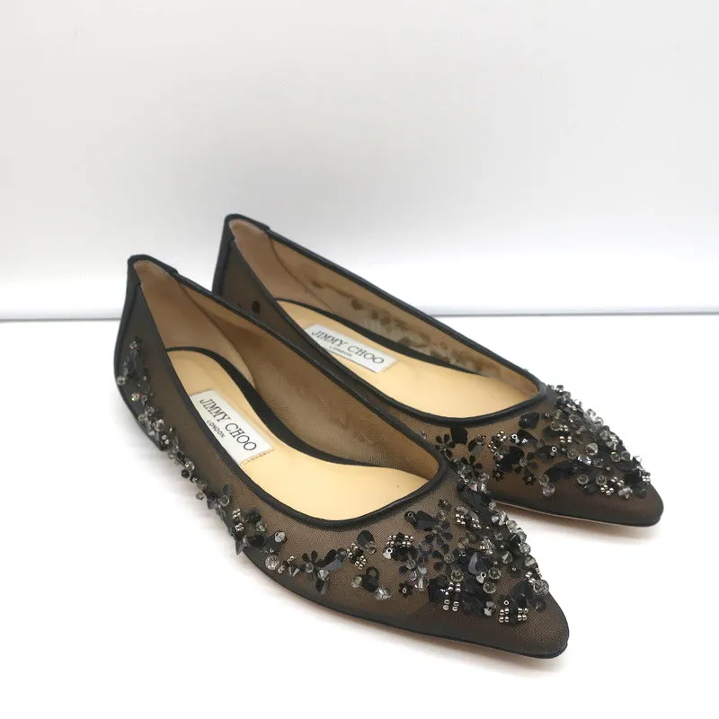 Jimmy Choo Romy Flats Black Embellished Mesh & Satin Size 37 NEW