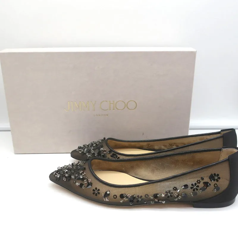 Jimmy Choo Romy Flats Black Embellished Mesh & Satin Size 37 NEW