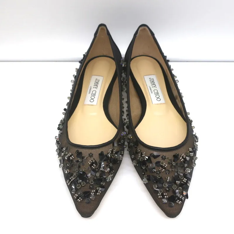 Jimmy Choo Romy Flats Black Embellished Mesh & Satin Size 37 NEW