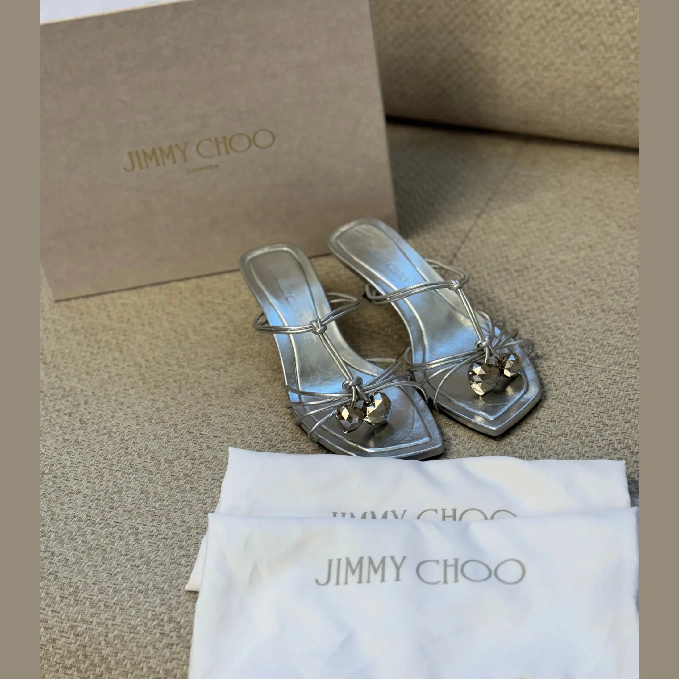 Jimmy Choo Silver Jemma Mules - Size 37.5