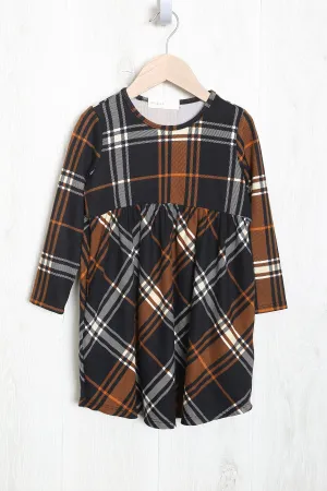 Kids Long Sleeve Cinch Waist Plaid Dress