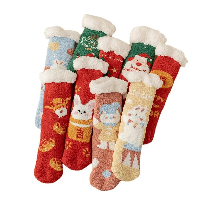 Lamb Velvet Socks Women's Winter Sleep Socks Silicone Non-Slip Floor Socks Christmas Red Socks