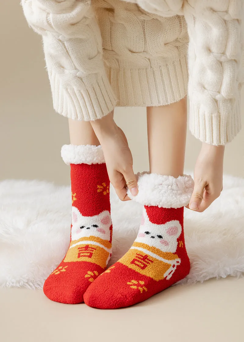 Lamb Velvet Socks Women's Winter Sleep Socks Silicone Non-Slip Floor Socks Christmas Red Socks
