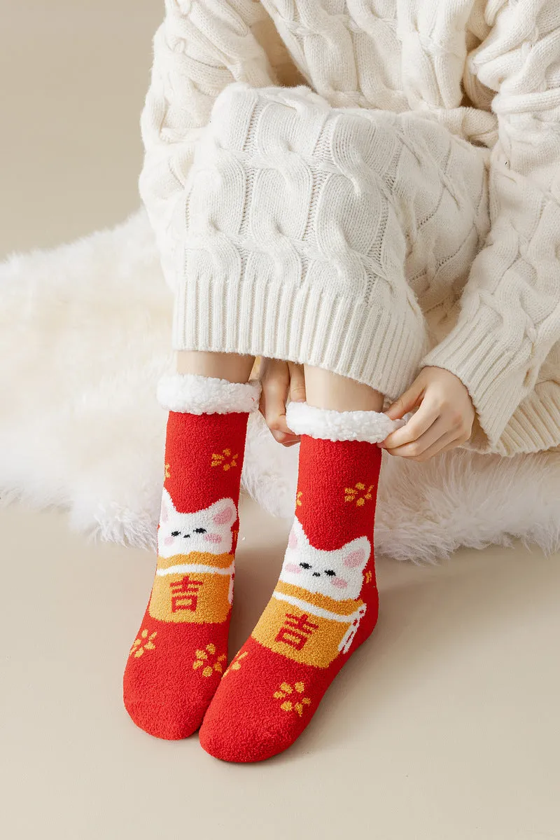 Lamb Velvet Socks Women's Winter Sleep Socks Silicone Non-Slip Floor Socks Christmas Red Socks
