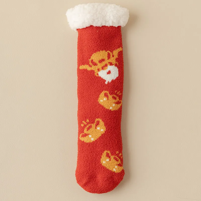 Lamb Velvet Socks Women's Winter Sleep Socks Silicone Non-Slip Floor Socks Christmas Red Socks