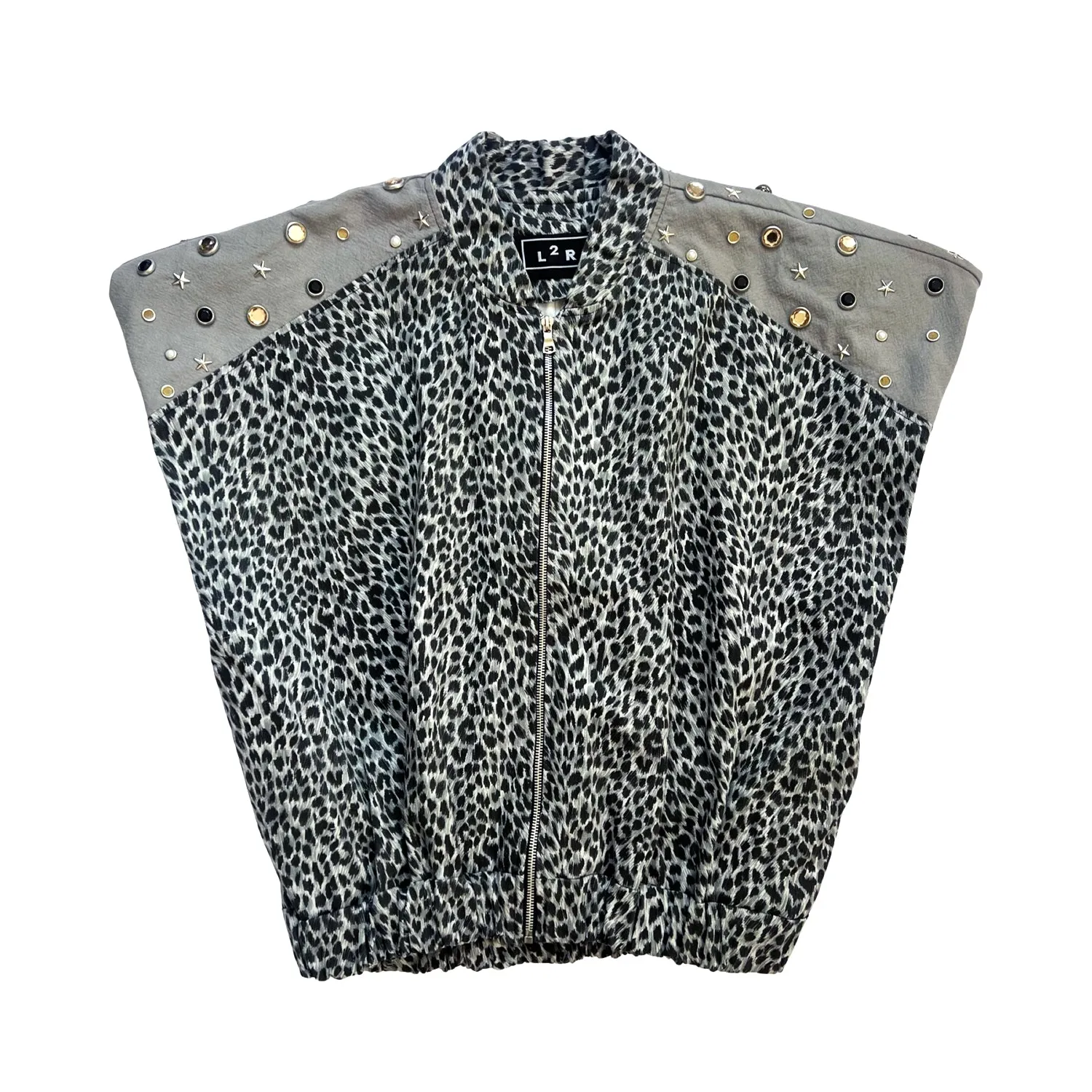 Leopard-Print Sleeveless Bomber Jacket in Grey