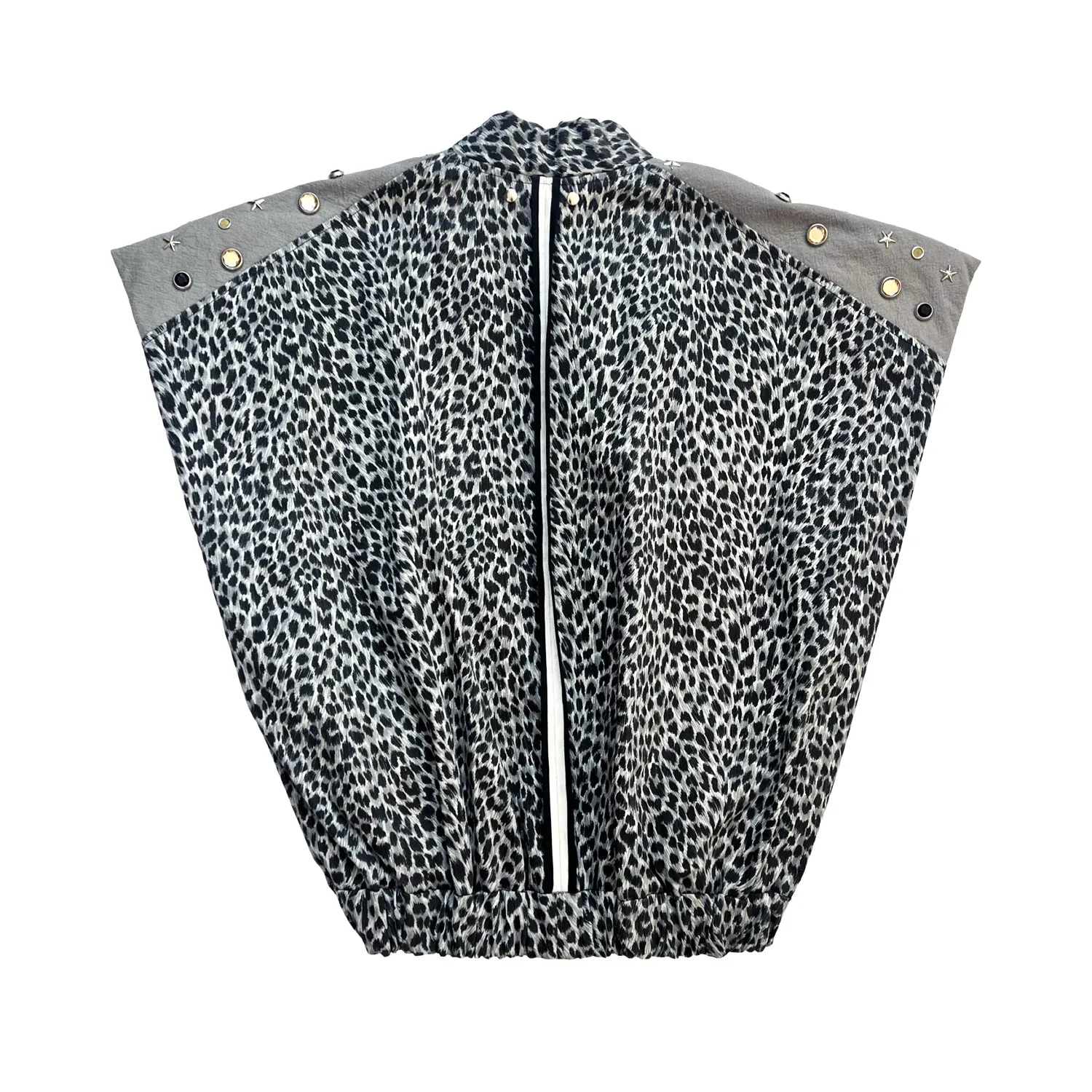 Leopard-Print Sleeveless Bomber Jacket in Grey