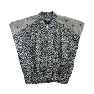 Leopard-Print Sleeveless Bomber Jacket in Grey