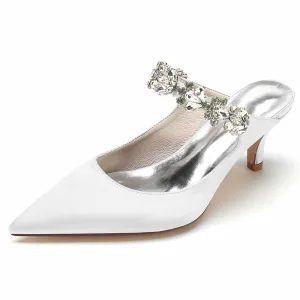 Low Heels Satin Pointed Toe Bridal Mules with Crystal Strap