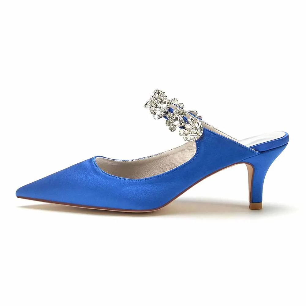 Low Heels Satin Pointed Toe Bridal Mules with Crystal Strap
