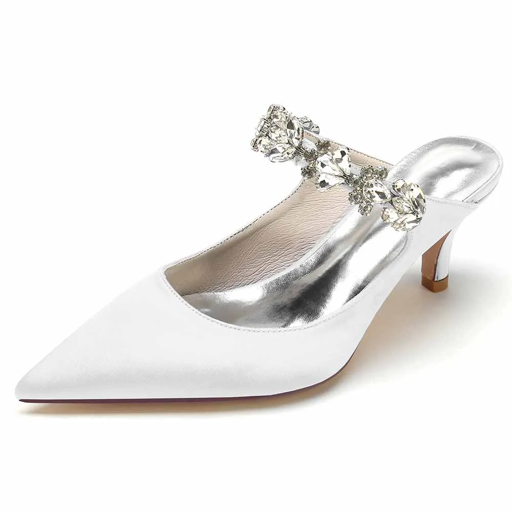 Low Heels Satin Pointed Toe Bridal Mules with Crystal Strap