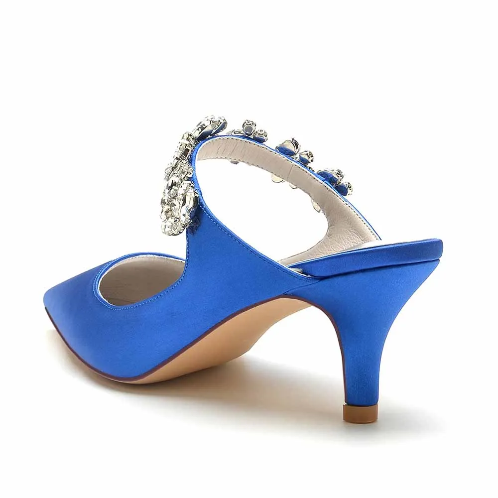 Low Heels Satin Pointed Toe Bridal Mules with Crystal Strap