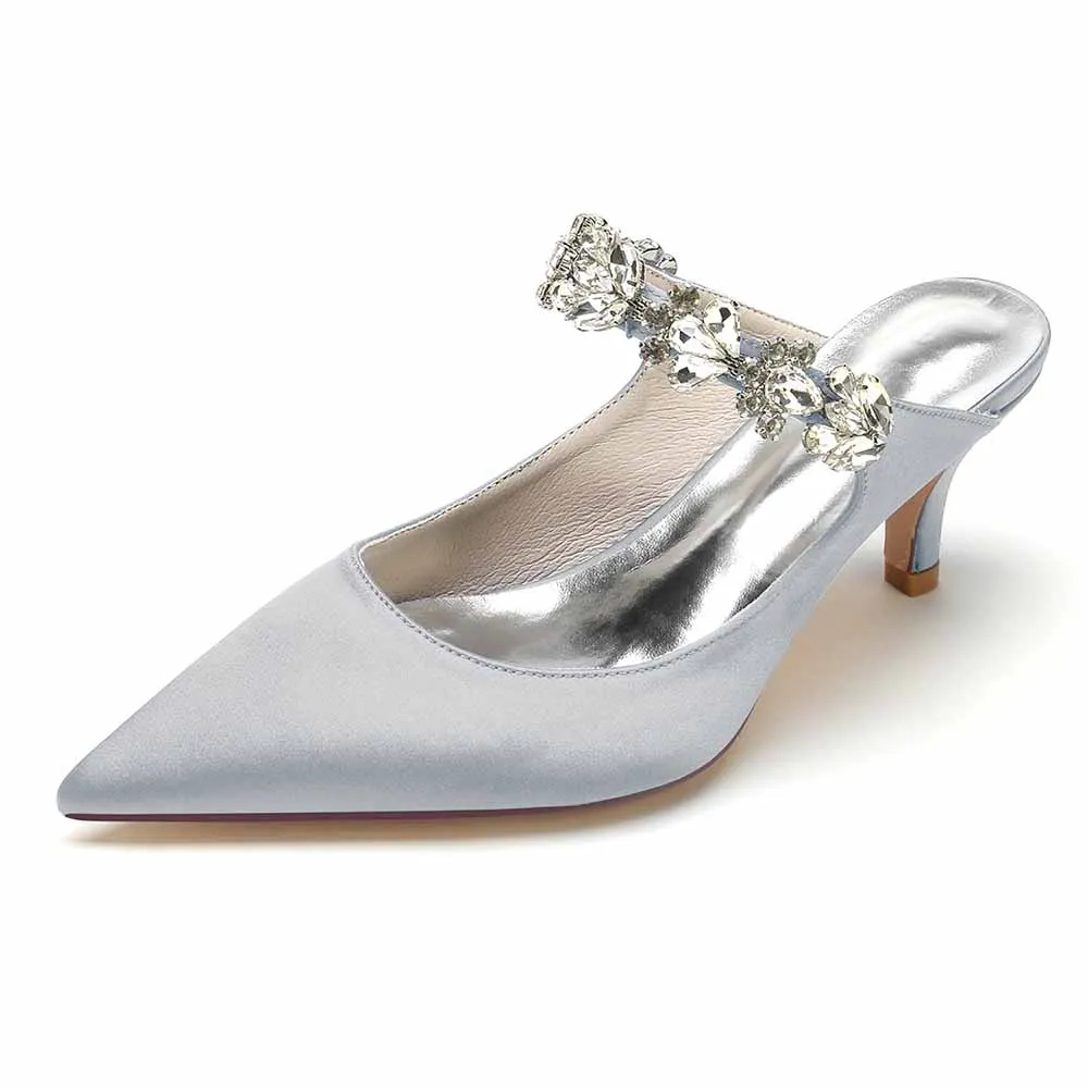 Low Heels Satin Pointed Toe Bridal Mules with Crystal Strap