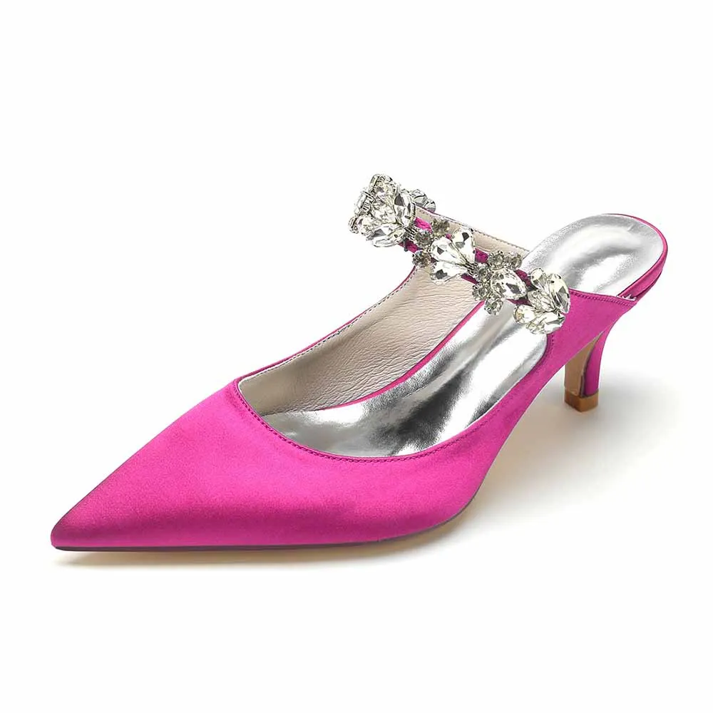 Low Heels Satin Pointed Toe Bridal Mules with Crystal Strap
