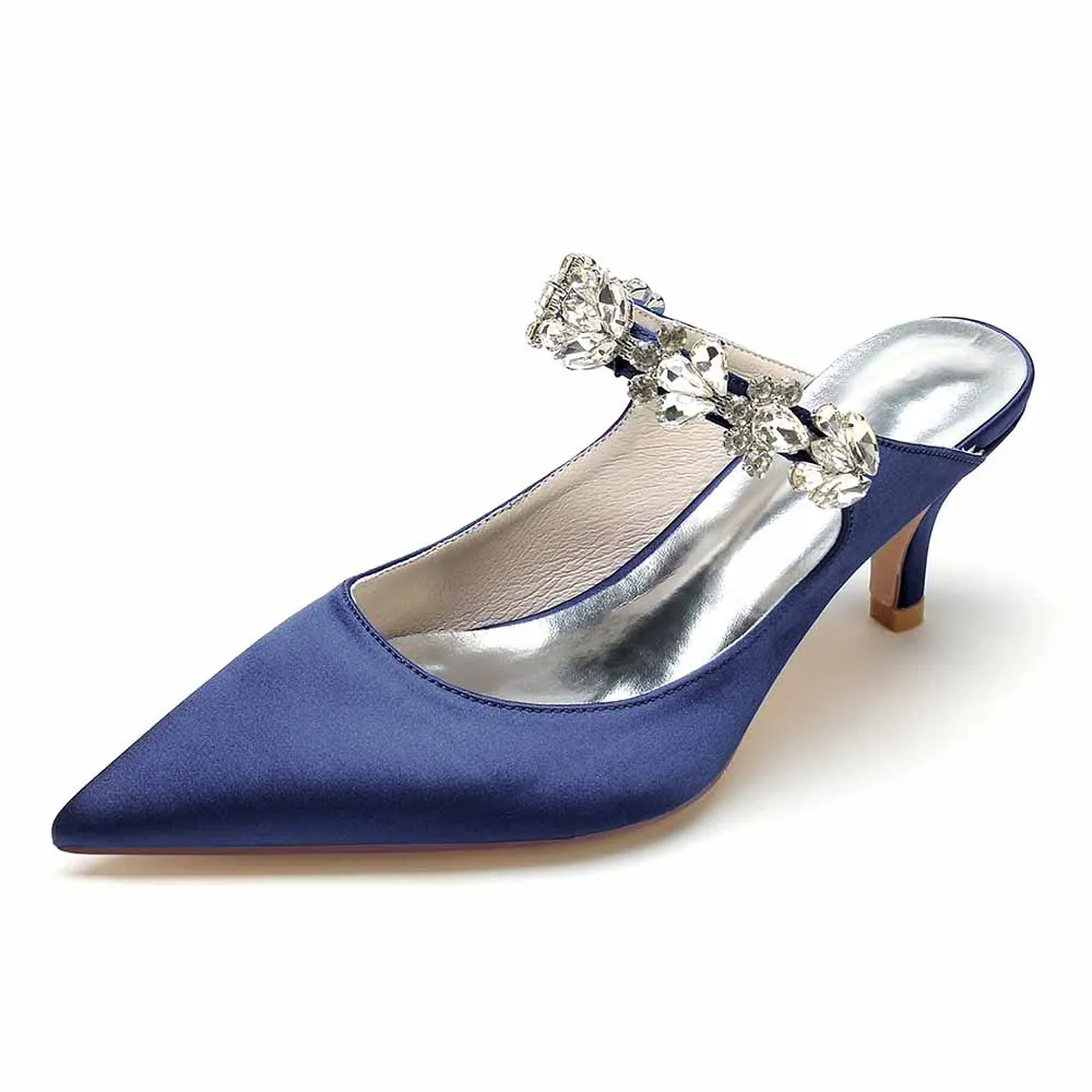 Low Heels Satin Pointed Toe Bridal Mules with Crystal Strap