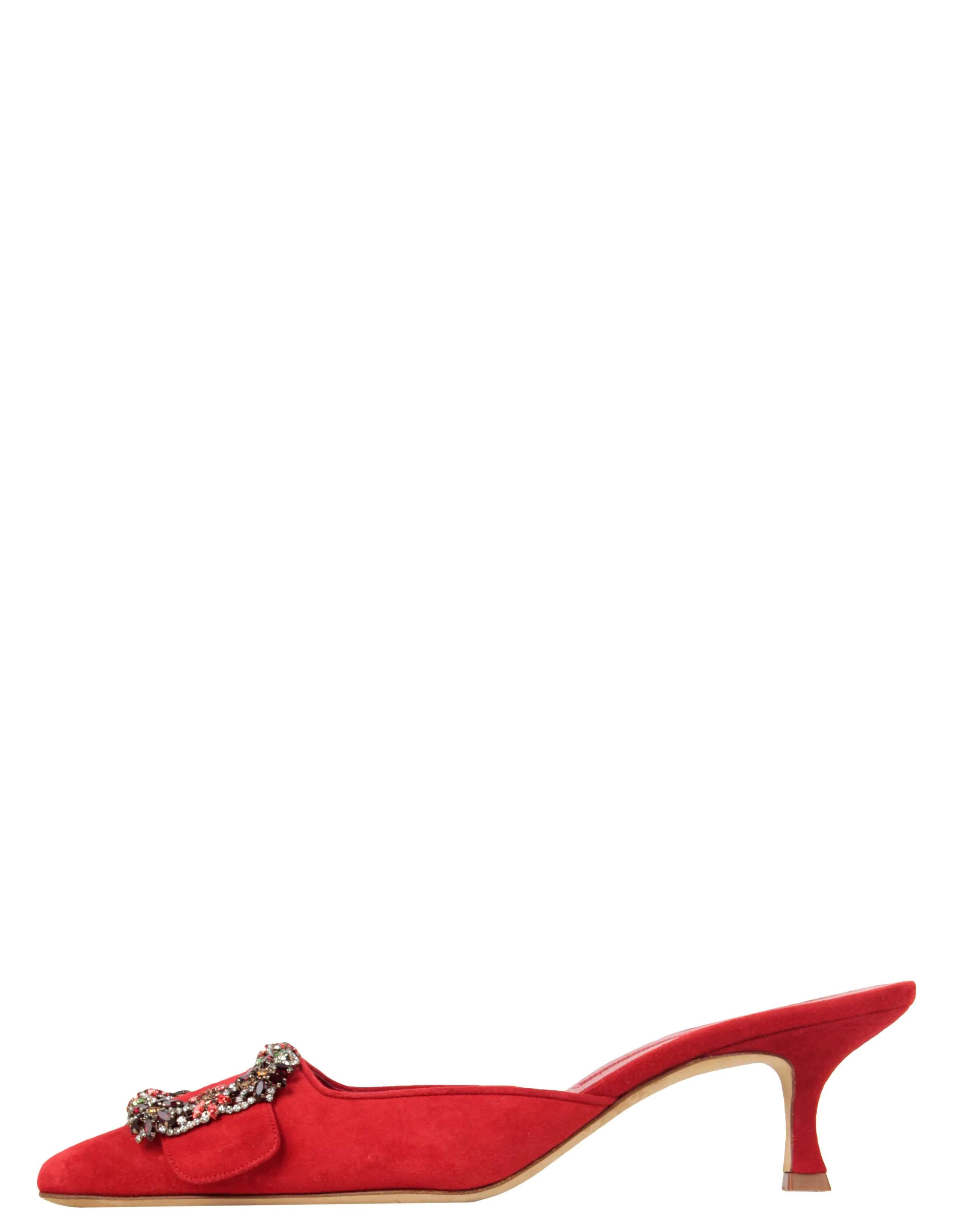 Manolo Blahnik NEW Red Suede Maysale Crystal Buckle Mules sz 39.5