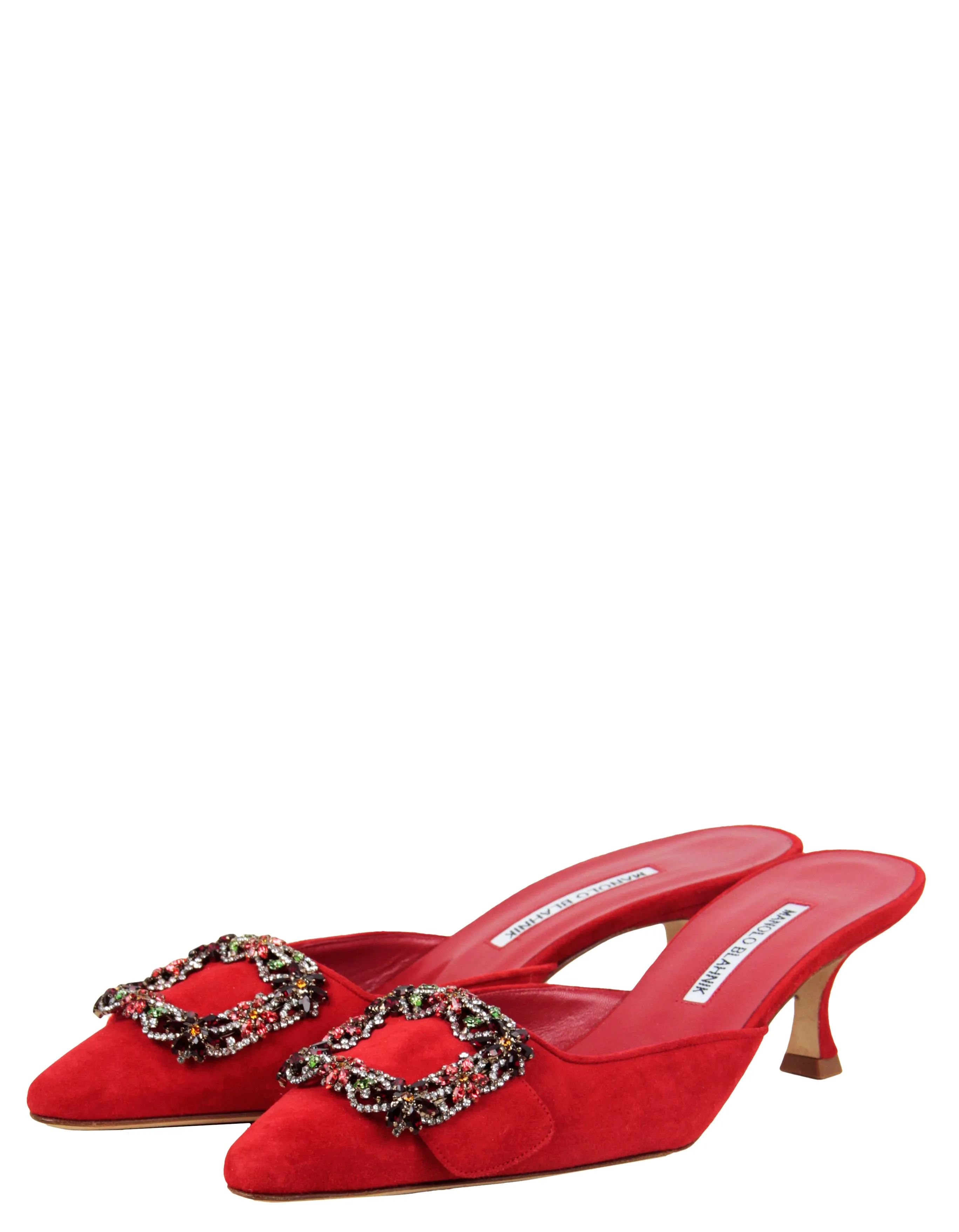 Manolo Blahnik NEW Red Suede Maysale Crystal Buckle Mules sz 39.5