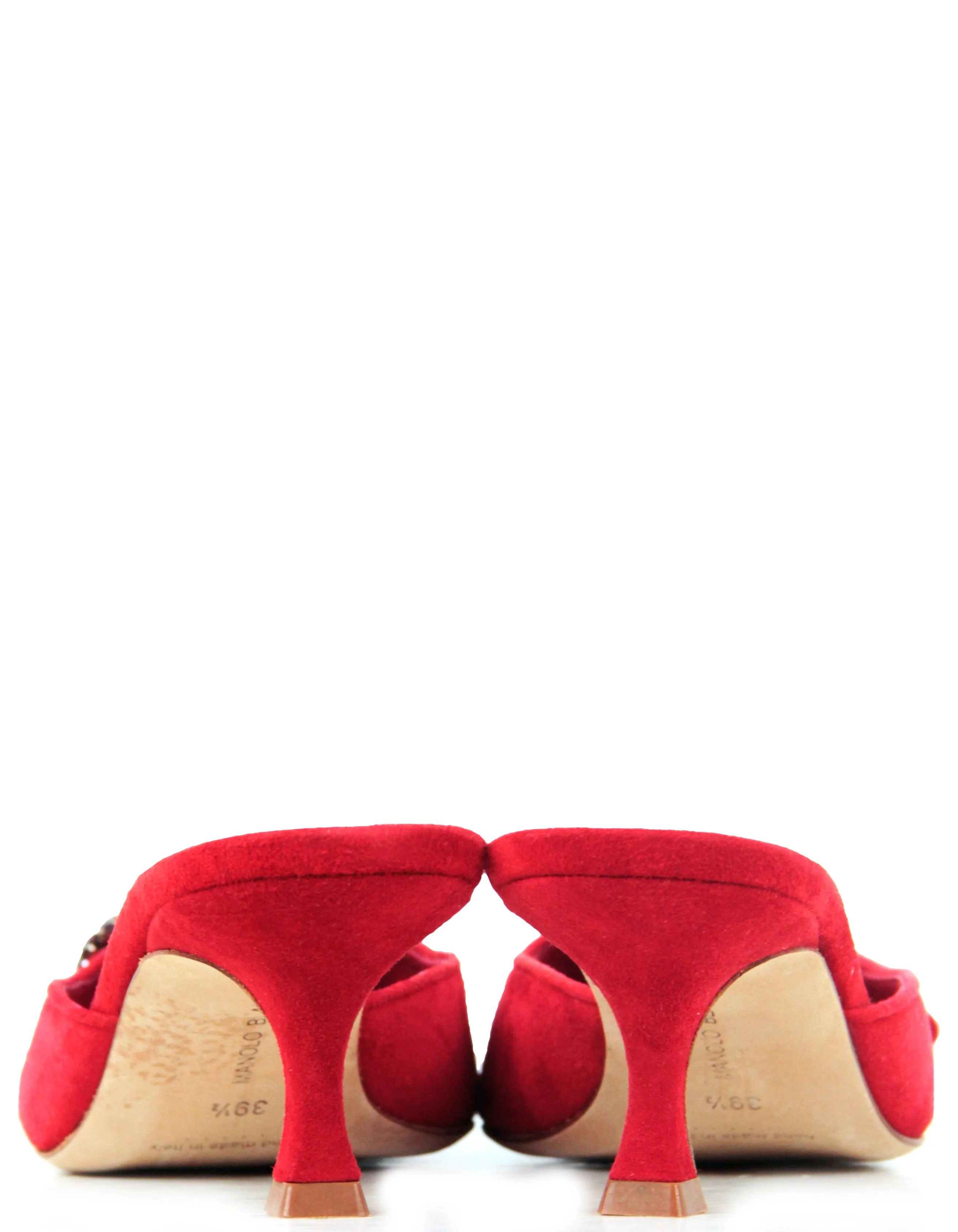 Manolo Blahnik NEW Red Suede Maysale Crystal Buckle Mules sz 39.5