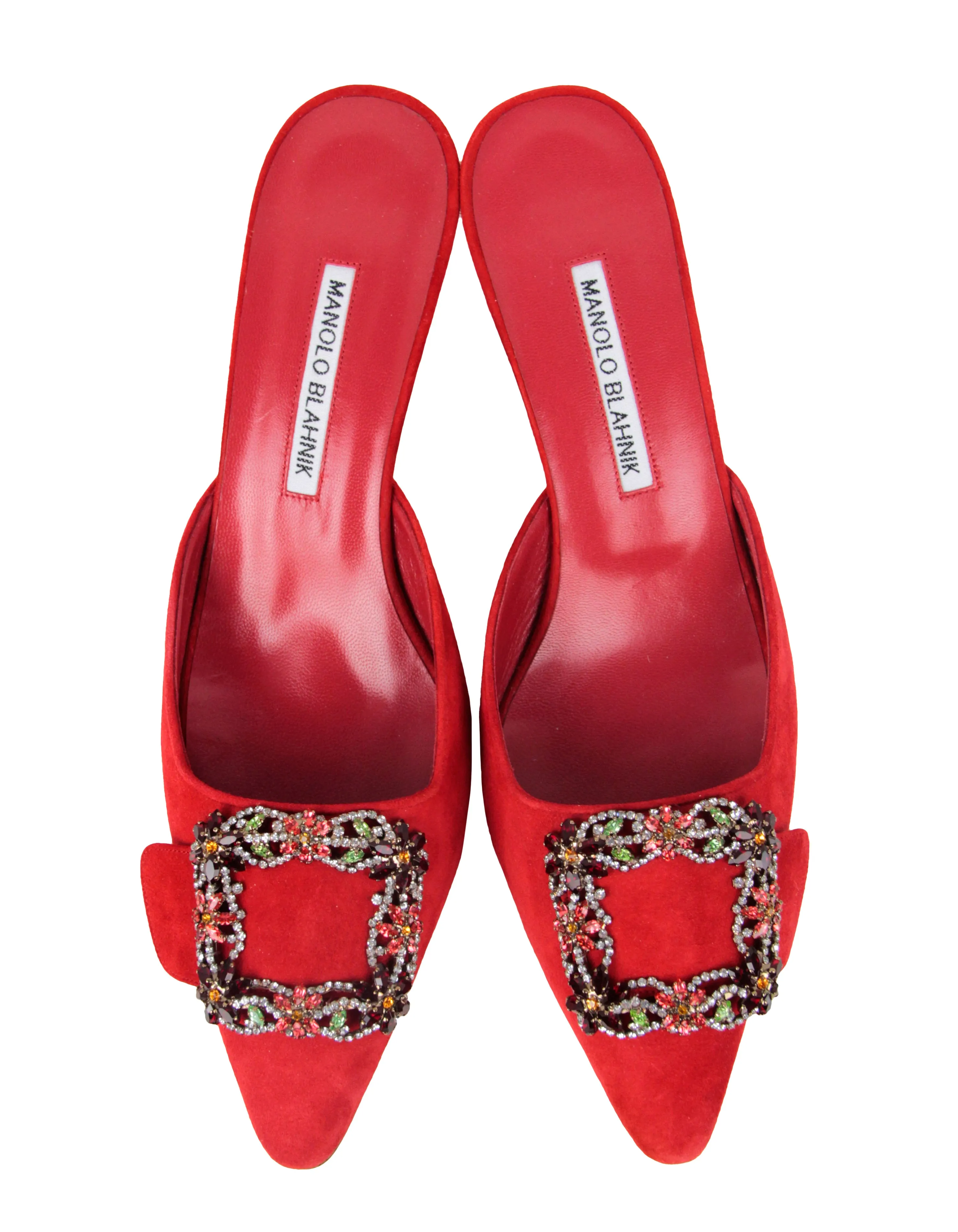 Manolo Blahnik NEW Red Suede Maysale Crystal Buckle Mules sz 39.5