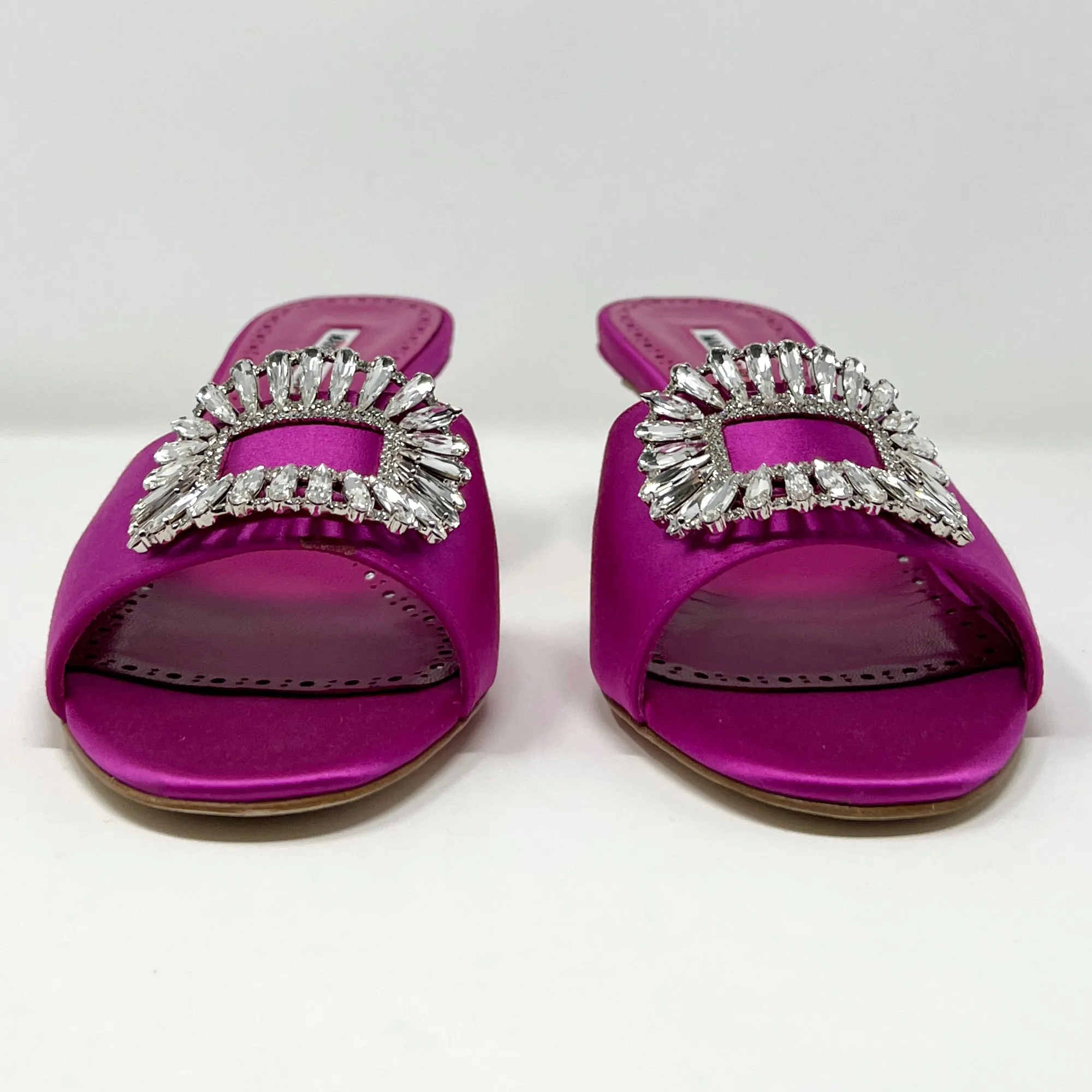 Manolo Blahnik Pink Fuchsia Magenta Satin Crystal Embellished Sandal Mules Heels Size EU 38