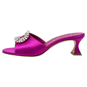 Manolo Blahnik Pink Fuchsia Magenta Satin Crystal Embellished Sandal Mules Heels Size EU 38